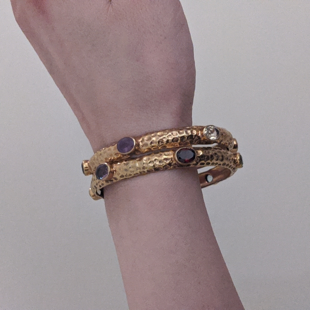 Gold-plated hammered gemstone bangles set